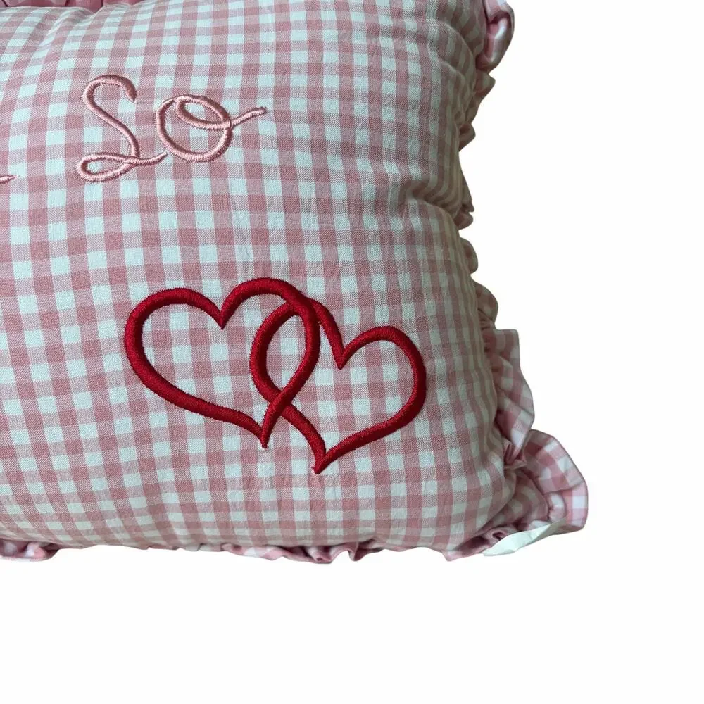 Chelsea & Theodore Pink Gingham Embroidered Hearts Pillow LOVE YOU SO 14x24 New